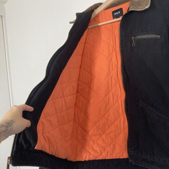 HUF Barlow Jacket  Mens S Black Corduroy Collar Quilted Lined Worldwide Zip Up - Picture 16 of 16